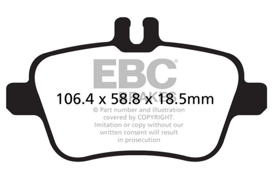 EBC 13+ Mercedes-Benz CLA250 2.0 Turbo Ultimax2 rear brake pads, OE replacement, visible brake pad set for vehicle braking system.