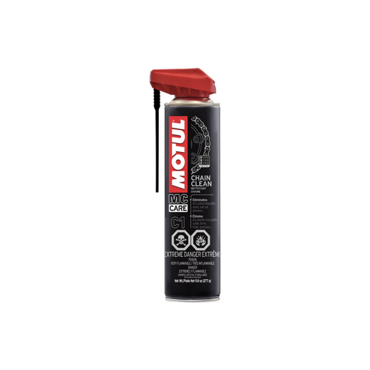 Motul C1 Chain Clean aerosol spray bottle for cleaning motorcycle chains, part of Motul's grease and lubricant product line.