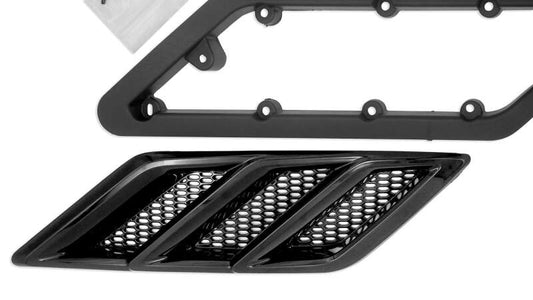 Gloss black Roush Mustang hood vents with heat extractors from 2015-2023 model years, designed for improved engine cooling and style.