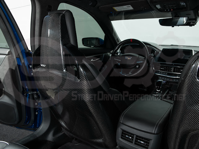 Pair of black carbon fiber seat back panels for Cadillac CT5-V and Blackwing, interior dash and trim replacement, driver and passenger sides