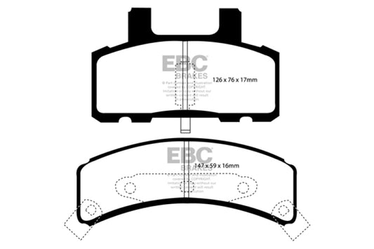EBC Ultimax2 front brake pads for Cadillac Deville 4.6 rear drums, OE style, with visible brake pad friction material and backing plates.