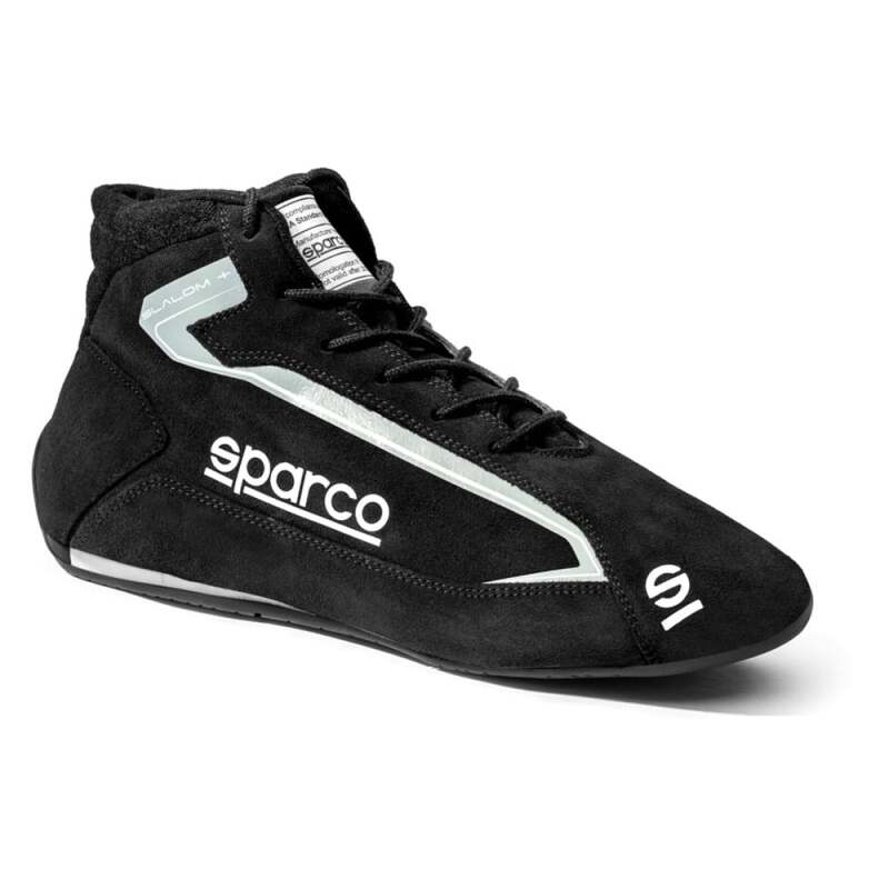 Black Sparco Slalom+ racing shoes size 39 with racing design and lightweight construction for motorsport performance.