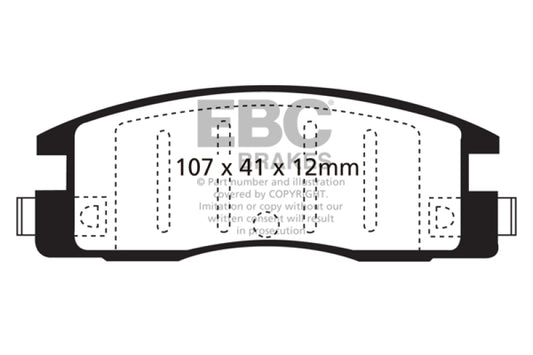 EBC Ultimax2 rear brake pads for Isuzu Amigo 90-94, OE style, shown installed on brake rotor with mounting hardware