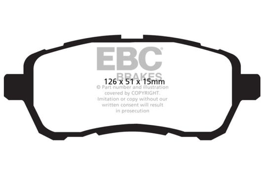 EBC Ultimax2 front brake pads for Mazda 2 2010-2016 1.5L, OE style, showing the brake pad set with friction surface and backing plate.