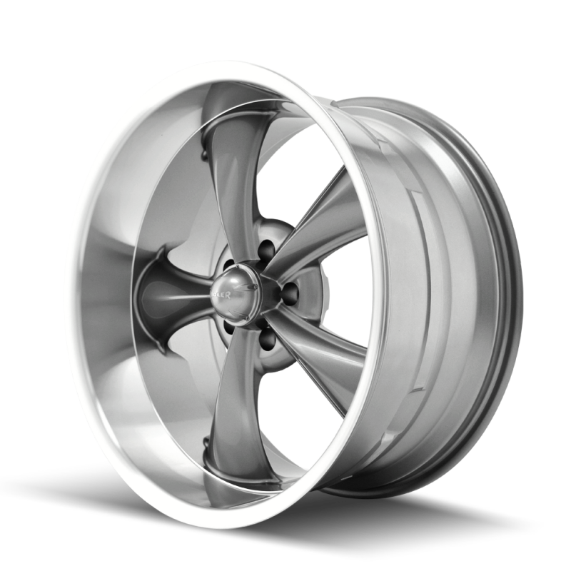 Ridler 695 cast wheel in gloss grey machined finish, 18x9.5 inches, 5x114.3 bolt pattern, 6mm offset, 83.82mm hub