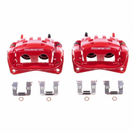 Pair of PowerStop red front brake calipers with brackets for 2013-2016 Scion FR-S, performance brake calipers for enhanced stopping power.