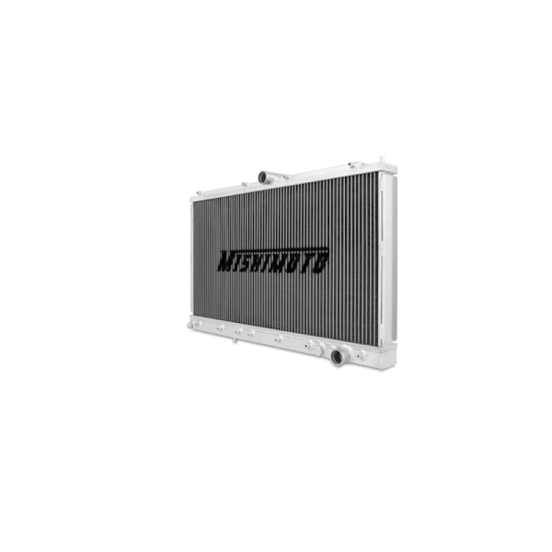 Mishimoto aluminum radiator for 1991-1999 Mitsubishi 3000GT Turbo manual transmission, with cooling fins and inlet/outlet hoses.