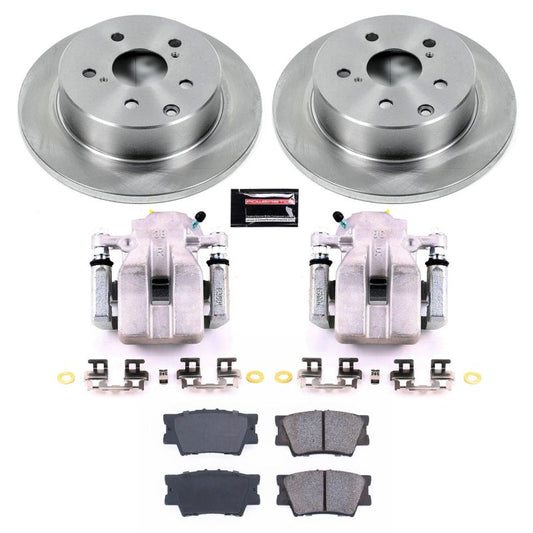 PowerStop rear brake kit with calipers for Toyota RAV4 (2011-2018), includes OE-style brake components and hardware.