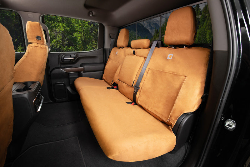 Covercraft Carhartt front seat covers on a Dodge Nitro, custom-fit seat covers with durable fabric for the front row seats.
