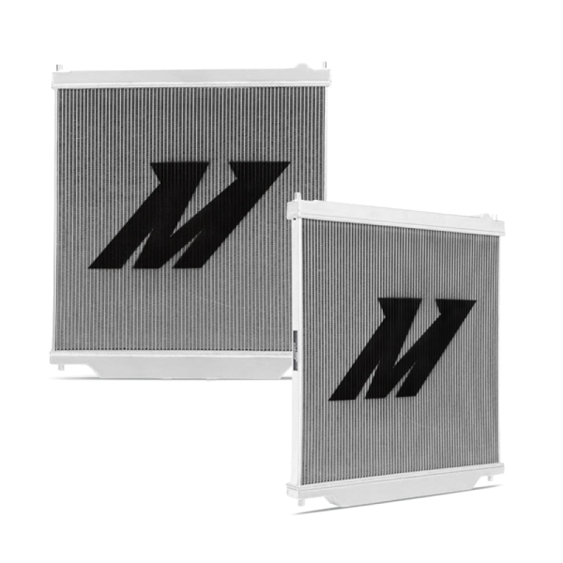 Mishimoto aluminum radiator for 2003-2007 Ford F250 with 6.0L Powerstroke engine, showing the sleek radiator design.