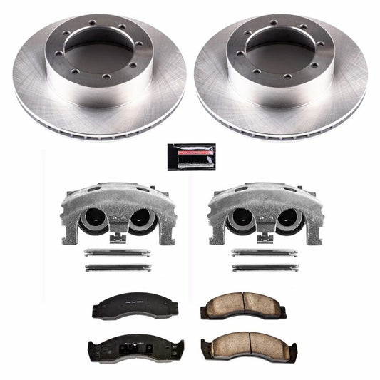 PowerStop OE rear brake kit with calipers for Ford E-450 Super Duty 2003-2007, featuring brake rotors and hardware.