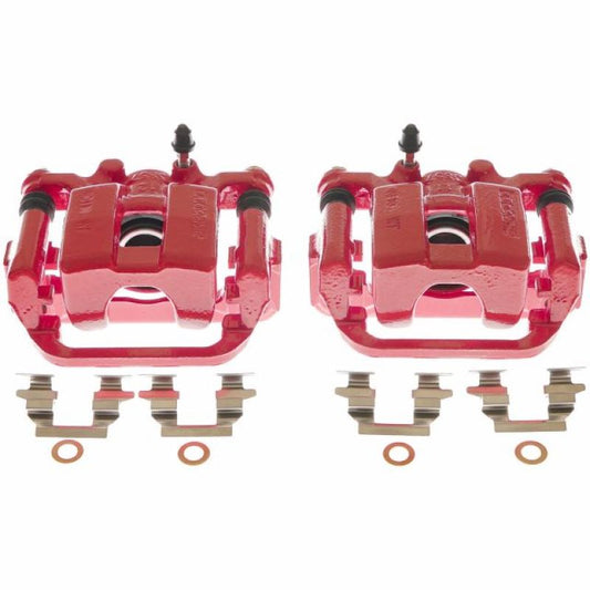 PowerStop rear red brake calipers for 2017-2019 Nissan Leaf, performance pair with detailed component view