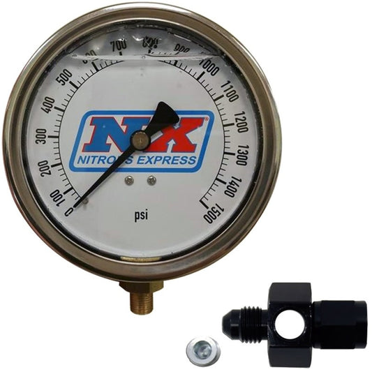 Nitrous Express 4-inch high-accuracy nitrous pressure gauge with 4AN fittings for precise monitoring of nitrous oxide systems.