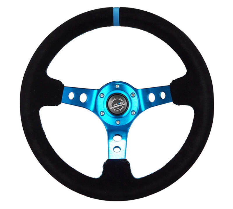 NRG reinforced 350mm black suede steering wheel with blue spokes, holes, blue stripe, and stitching for racing or custom cars.