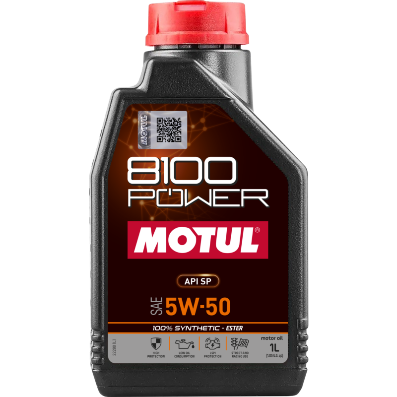 Motul 1L Synthetic Engine Oil 8100 Power 5W50 bottle, ideal for high-performance car engines, with a black cap and label.