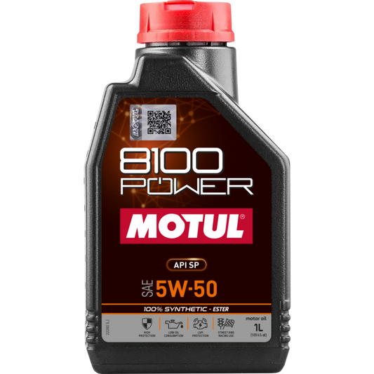 Motul 1L Synthetic Engine Oil 8100 Power 5W50 bottle, ideal for high-performance car engines, with a black cap and label.