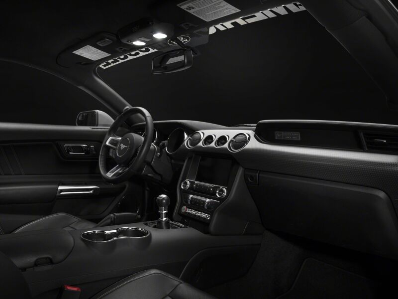 Raxiom Ford Mustang Stage 1 Map Light LED Conversion Kit installed in interior, featuring sleek LED light bars for enhanced visibility.