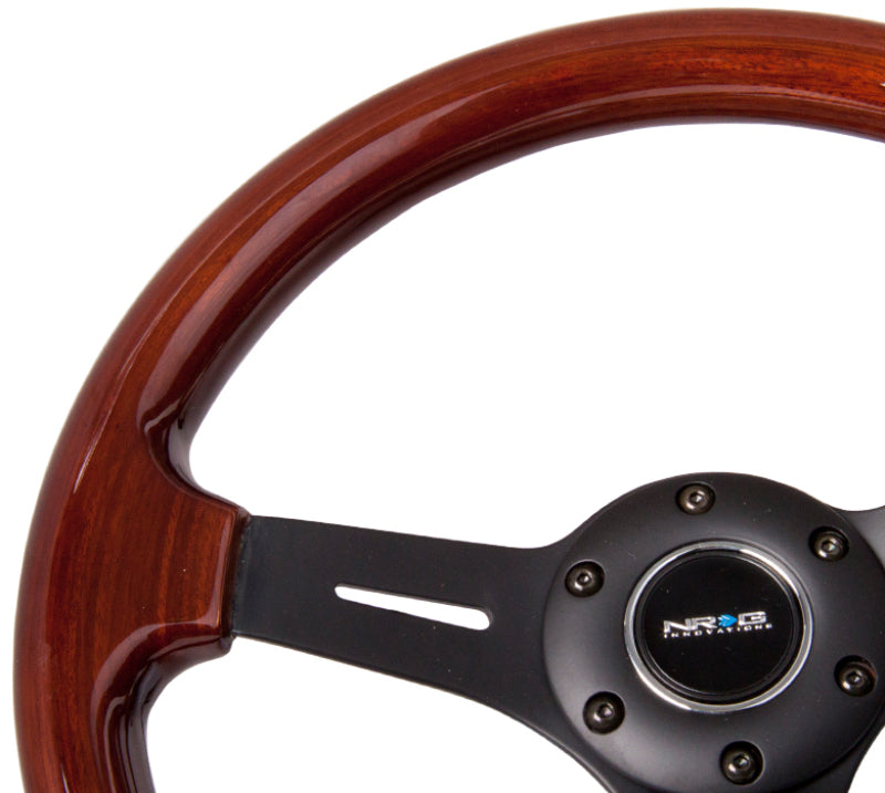 NRG Classic wood grain steering wheel with 3-spoke matte black center, 330mm diameter, featuring wood grain finish and ergonomic design.