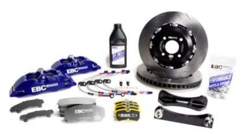 EBC Racing blue Apollo-6 front calipers and 355mm rotors from Nissan 350Z big brake kit, high-performance automotive brake system