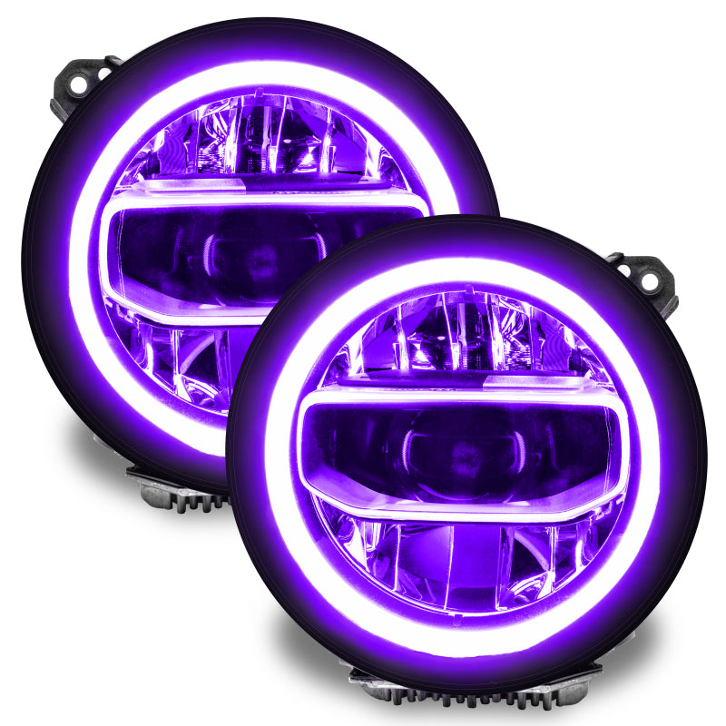 Oracle Lighting RGB+W Jeep Wrangler JL and Gladiator JT headlight DRL upgrade kit with ColorSHIFT capabilities installed in headlights.