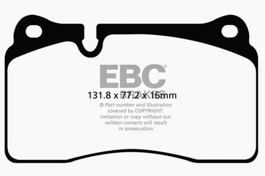 EBC Brakes Redstuff ceramic brake pads for high-performance vehicles, showing the red friction material and metal backing plates.