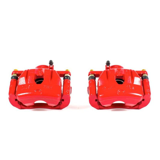 Pair of PowerStop red front brake calipers with brackets for Mazda RX-8, perfect for performance upgrade and enhanced braking.