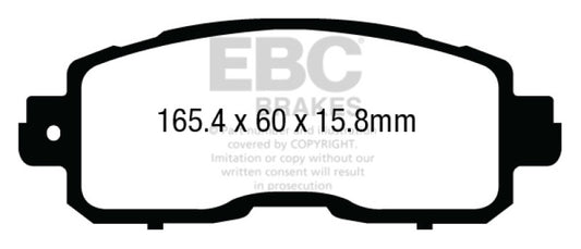 EBC Redstuff front brake pads for Nissan Altima 2.5 L33 sedan, performance brake pads with red friction material.