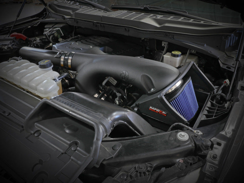 aFe Rapid Induction Cold Air Intake System with Pro 5R filter installed in a 2021+ Ford F-150 V6-3.5L engine bay