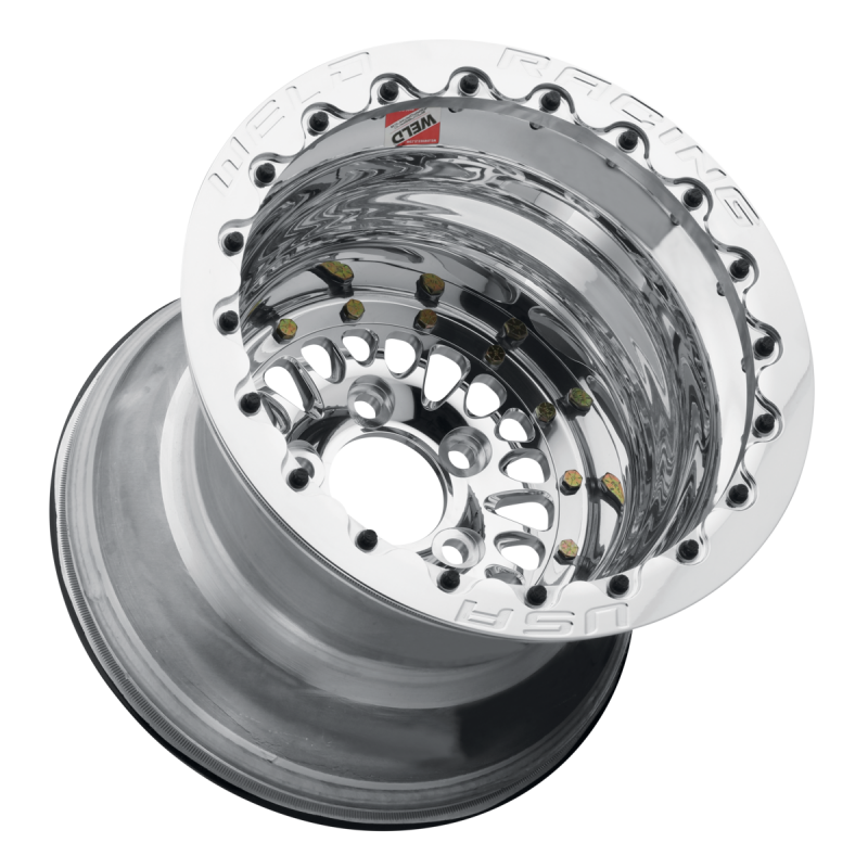 Weld Forged RPM 15x10 wheel with polished center, shell, and SBL MT finish, featuring 5-lug 4.75 and 3.18 backspacing.