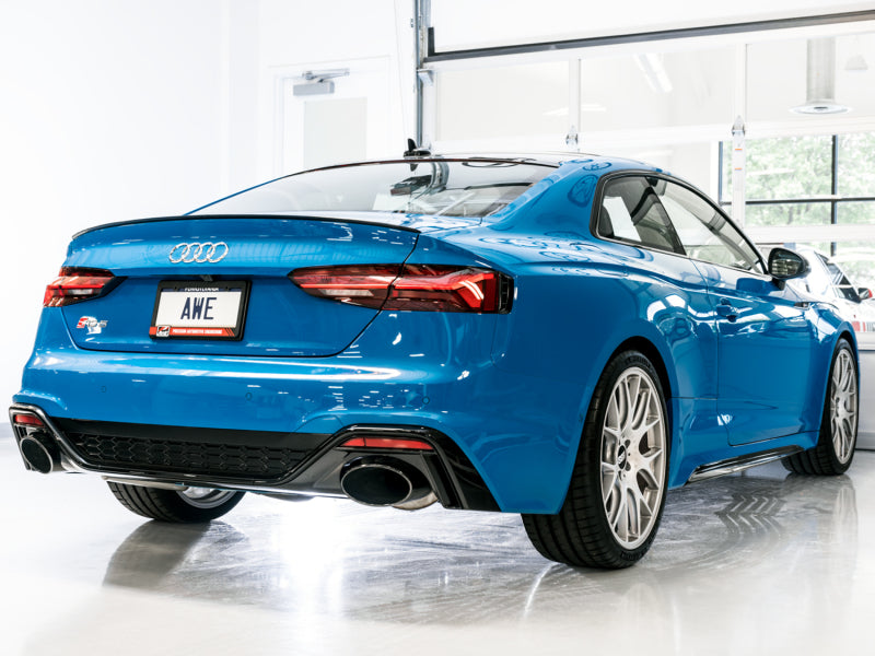 AWE Tuning Audi B9.5 RS5 Sportback catback exhaust with RS-style diamond black tips, non-resonated touring edition, metal finish.