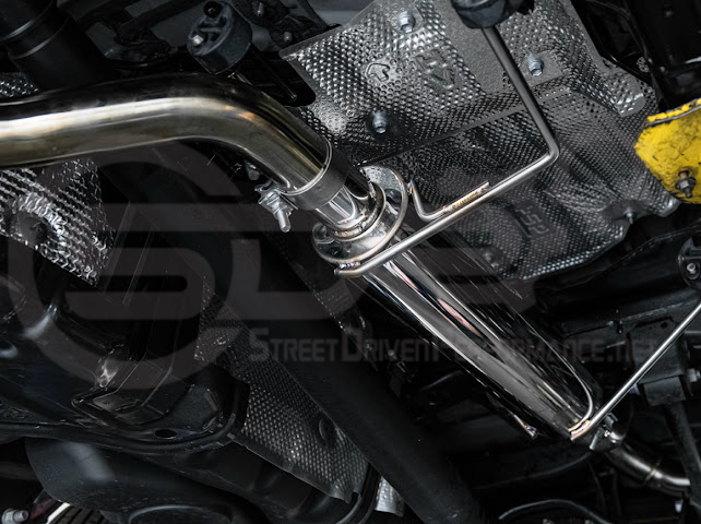 Toyota 4Runner 2025-up cat-back exhaust system with chrome or burnt blue tips by Street Driven Performance, showing turn down tailpipes.