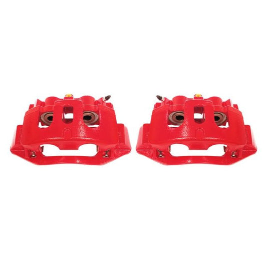 Pair of PowerStop rear red brake calipers with brackets for Chevrolet Silverado 2500 HD models 2011-2019, performance brake replacement.