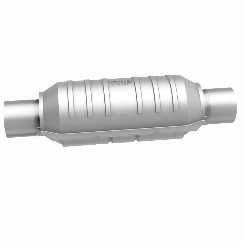 MagnaFlow universal catalytic converter with 2-inch inlet and outlet, stainless steel, 11-inch length, shown from side view.