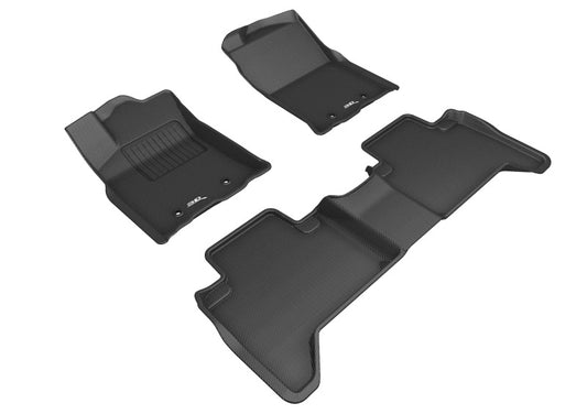 Black rubber 3D MAXpider floor mats for 2018-2020 Toyota Tacoma double cab, covering first and second row, with textured surface.