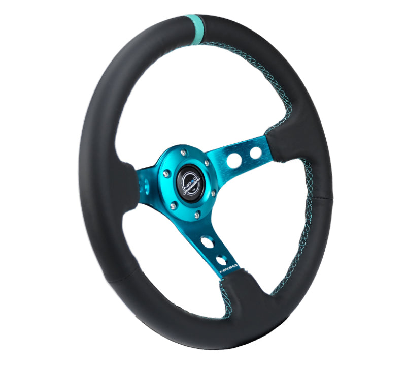 NRG Reinforce steering wheel, 350mm black leather with teal center mark and teal stitching, 3-inch deep dish design.