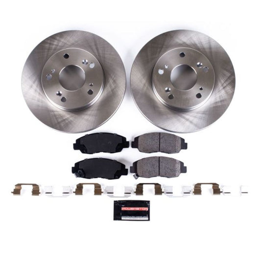 PowerStop OE brake kit for 2006-2011 Honda Civic front brakes, including rotors and calipers, installed on the vehicle.