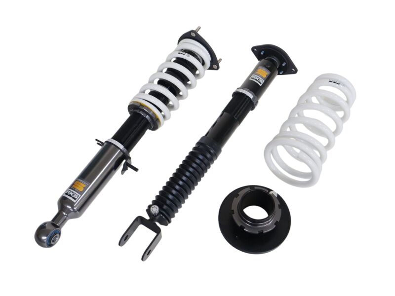 HKS Hipermax S V36 coilover kit with adjustable shocks and springs for Nissan 370Z, featuring silver coilovers and mounting hardware.
