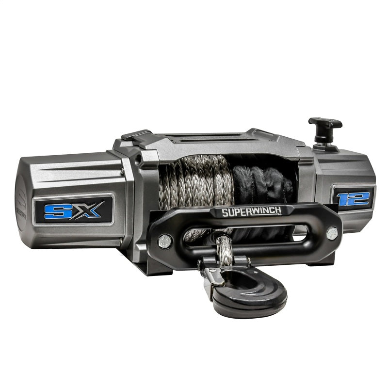 Superwinch 12000 LBS 12V DC winch with 80ft synthetic rope and graphite finish, designed for heavy-duty recovery and towing.