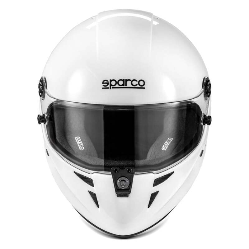 SPARCO Stealth RF helmet in large white and black, showing the aerodynamic design and ventilation features.