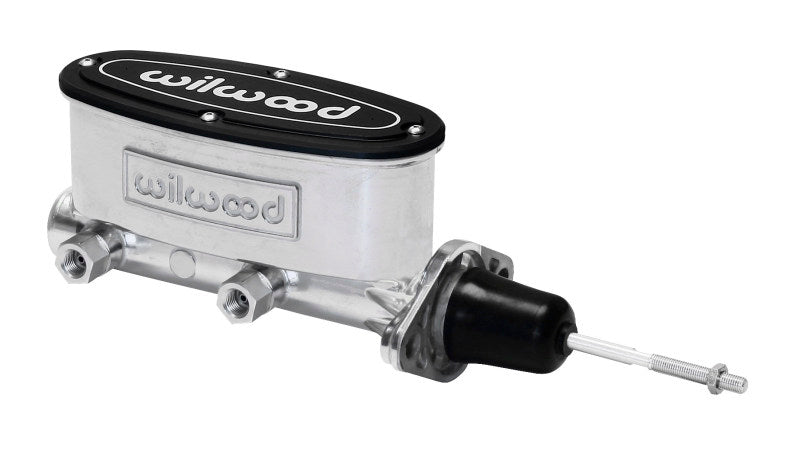 Wilwood high volume tandem brake master cylinder with 15/16 inch bore and pushrod, featuring ball burnished finish.