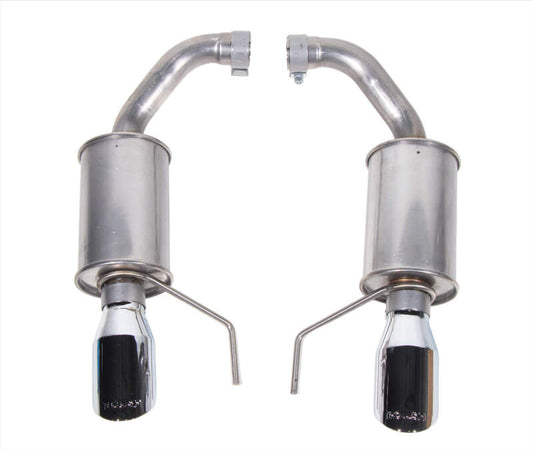 Roush 2024 Mustang GT EcoBoost dual tip axle back exhaust system installed on a Ford Mustang, showing polished exhaust tips and sleek design.