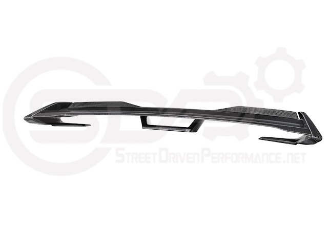 Dark Horse style carbon fiber rear wickerbill spoiler wing on a 2015-2023 Ford Mustang, featuring sleek aerodynamic design.