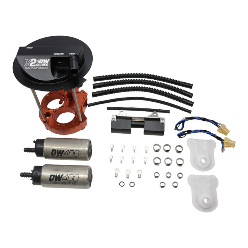 DeatschWerks X2 Series fuel pump module with dual DW400 pumps for 2016-2022 Camaro SS and 2016-2019 Cadillac CTS-V, showing the pumps.