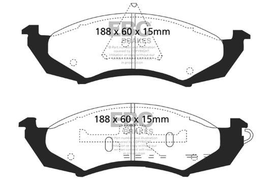 EBC Ultimax2 front brake pads for 1989-1991 Ford Thunderbird 3.8, OE style brake pads with metal backing and friction material