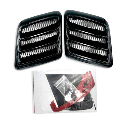 Roush 2018-2023 Mustang hood vents with gloss black heat extractors, designed for improved engine cooling and sporty appearance.