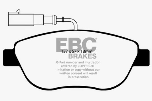 EBC Redstuff front brake pads for Fiat 500 1.4 Turbo Abarth, high-performance brake pads with red friction material.