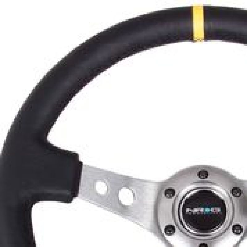 NRG reinforced 350mm black leather steering wheel with gunmetal cutout spoke and yellow center mark, 3-inch deep dish design.