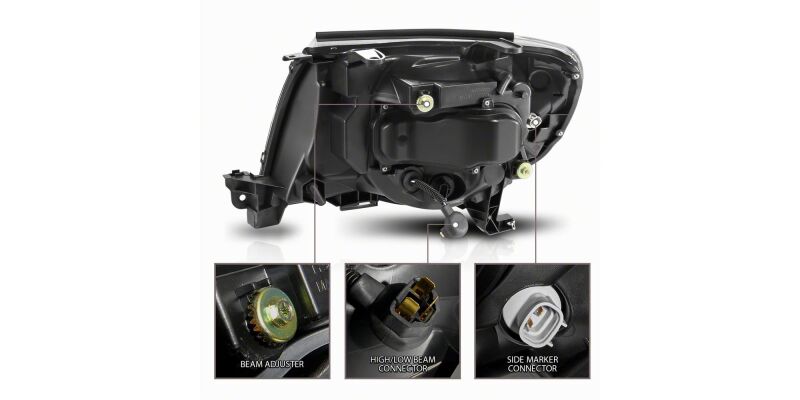 Raxiom Toyota Tacoma axial series projector headlights with black housing and clear lens for 2005-2011 models.