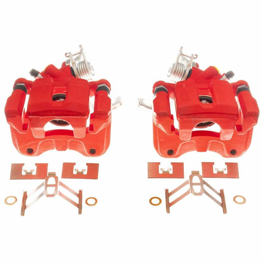 Pair of PowerStop red brake calipers for rear of 2005-2007 Honda Accord, performance brake calipers with a vibrant red finish.