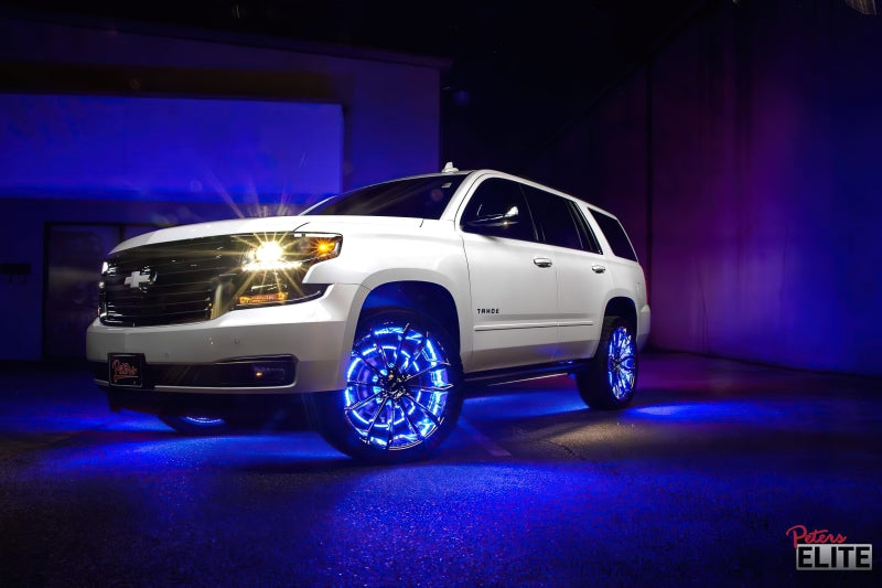 Oracle Lighting LED illuminated wheel rings with ColorSHIFT technology, no remote, showcasing vibrant, customizable wheel accent lighting.